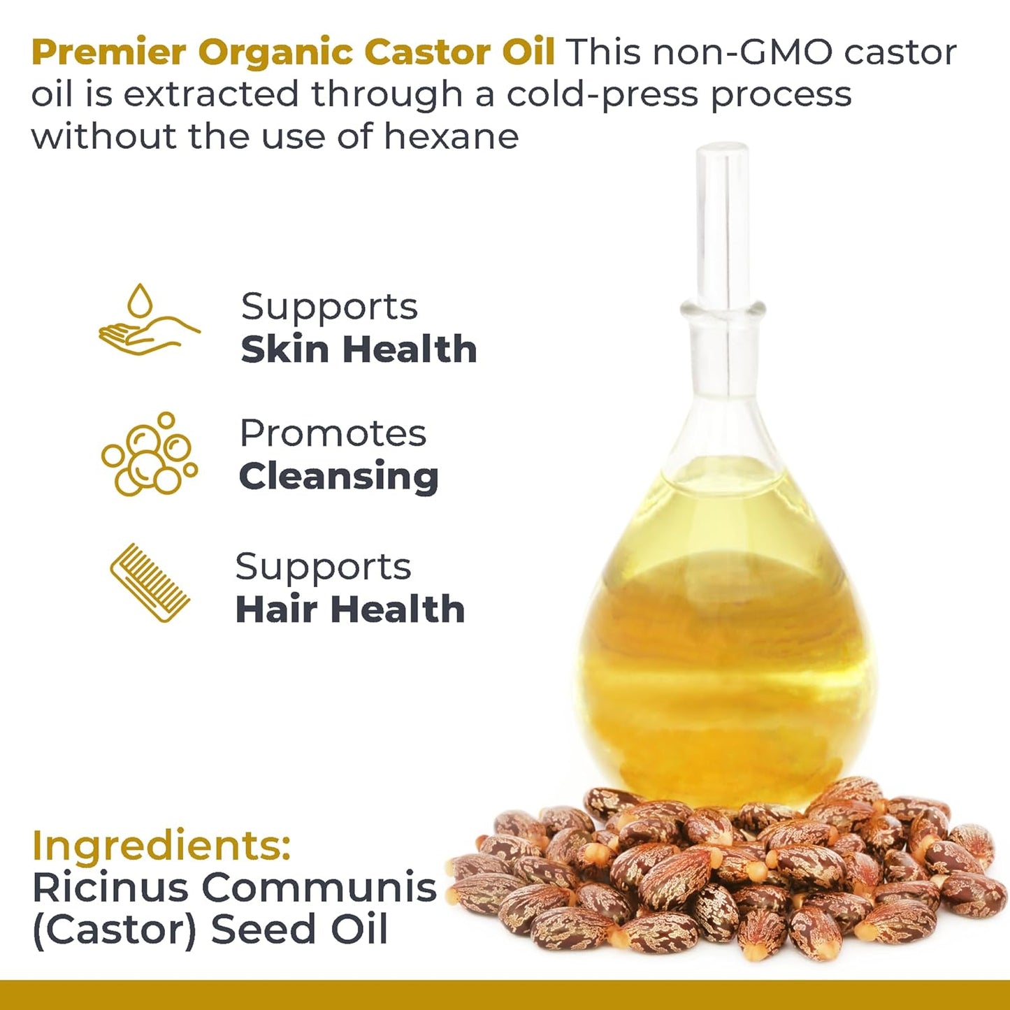 Castor Oil - Cold Pressed & Hexane-Free Castor Oil - Body Oil for Dry Skin & Hair - Castor Oil for Body Moisturizer - Pure Vegan & Non-Gmo - 8 Fl Oz