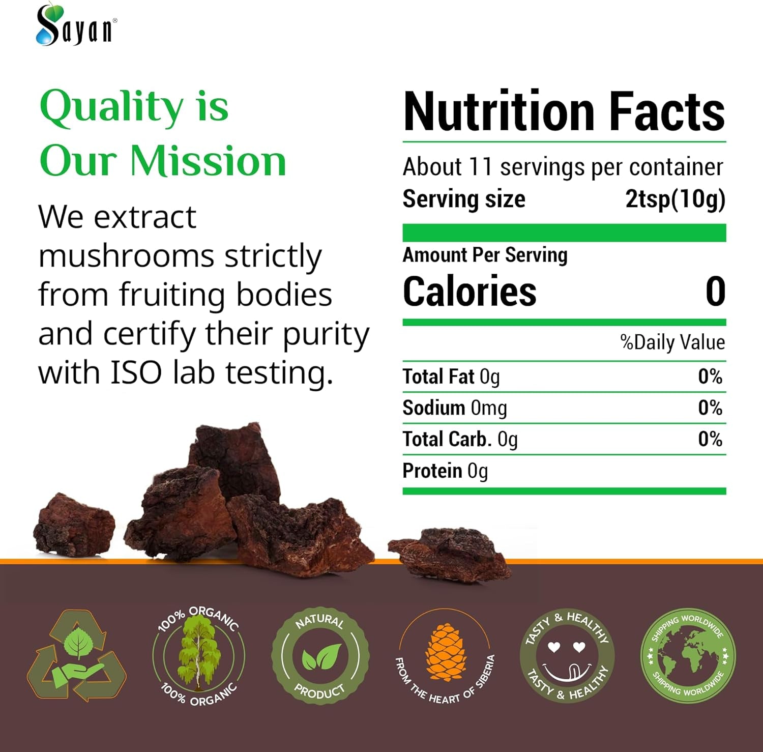 Siberian Pure Raw Chaga Mushroom Chunks with Black Top Crust 8 Oz / 223 G – Premium Wild-Harvested Antioxidant Tea for Immune Support, Focus and Digestive Health - Non-Gmo